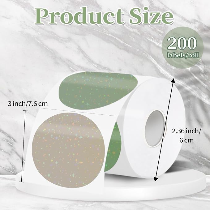 3''Holographic Thermal Label,Round Self-Adhesive Direct Thermal Label,for DIY Logo Design,Name Tag (200/Roll Sage Green)