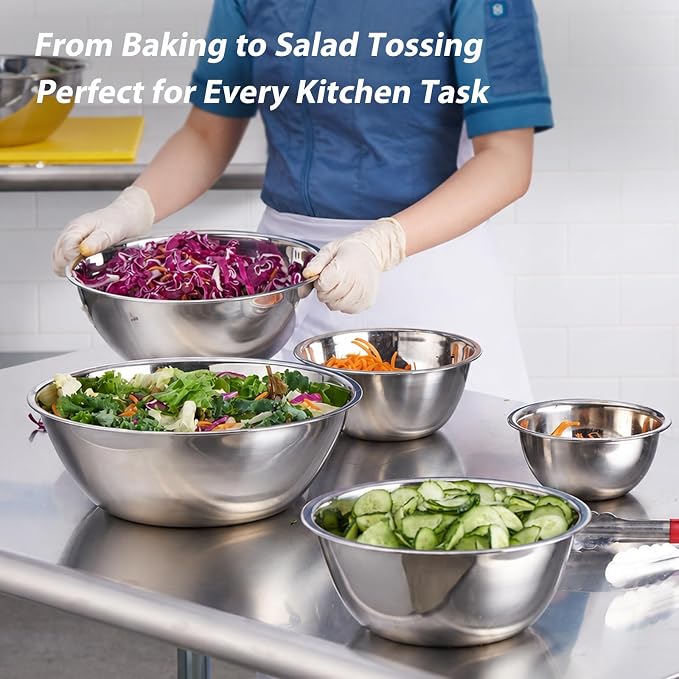 CURTA Stainless Steel Mixing Bowls Set of 5, Heavy Duty Nesting Metal Bowls with Flat Base, 0.6 to 6 QT Kitchen Prep Bowls for Baking, Cooking, Salad Mixing & Bread Dough Kneading