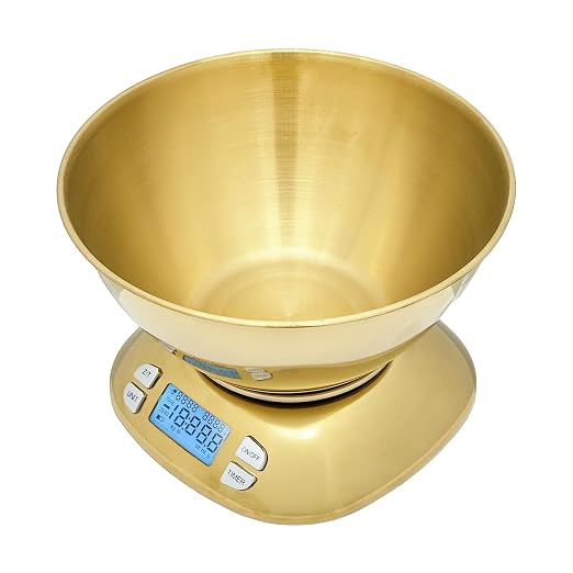 Stainless Steel Digital Kitchen Scale w. Bowl - for Food Coffee Lab - LCD Display gram Ounces lb:oz lb ml - 12 LBS/5.5 KG Capacity - Battery Included - Gold by The Display Guys