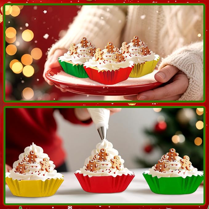SANNIX 450Pcs Christmas Foil Metallic Cupcake Liner Baking Cups, Muffin Tins Treat Cups Foil Metallic Cupcake Liners for Christmas Party Birthdays Baby Showers, Standard Size (Red, Green, Gold)
