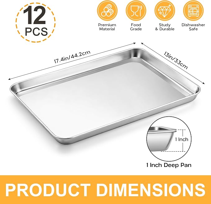 Onader Large Baking Sheet Set of 12, 18 x 13 Inch Stainless Steel Half Sheet Baking Pans for Oven, Commercial Metal Cookie Pan Tray for Roasting Cooking, Mirror Finish & Dishwasher Safe