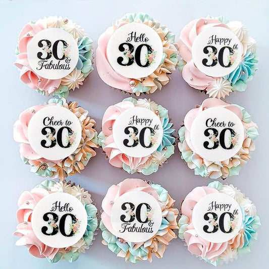 40Pcs Edible Circle Happy 30th Birthday Cupcake Toppers Edible Floral Hello 30 Fabulous Cheers to 30 Cupcake Picks Drink Toppers for Funny Female Floral 30th Birthday Party Decorations