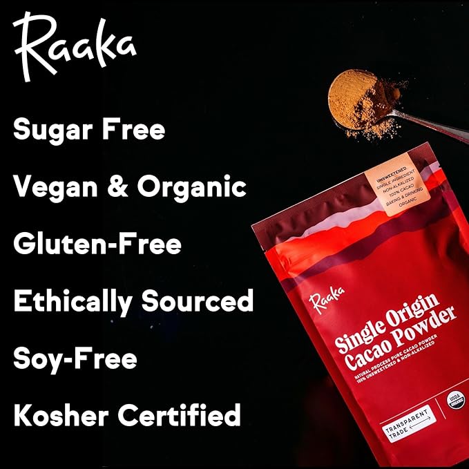 Raaka Organic Cacao Powder - Unsweetened, Non-Alkalized, 32oz Resealable Bag