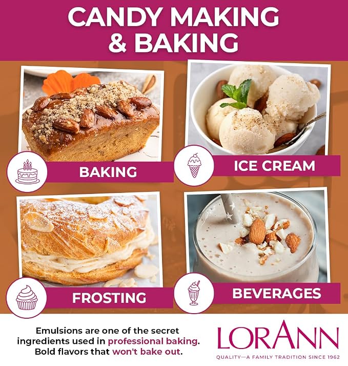 LorAnn Oils Almond Bakery Emulsion: True Essence, Ideal for Boosting Fruit Tones in Cakes, Cookies & Desserts, Gluten-Free, Keto-Friendly, Extract Substitute Essential for Your Kitchen, 4 Oz