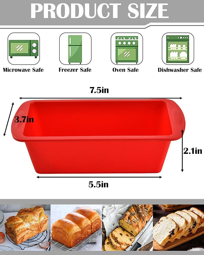 Silicone Bread Loaf Pan, Non-Stick Bread Pans for Baking,Flexible Silicone Baking Molds for Bread, Cake, Meatloaf (4PCS-Red)