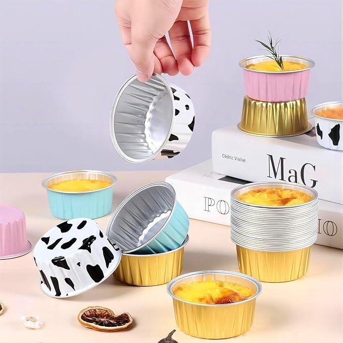 25PCS Round Mini Loaf Pans with Lids,Mini Cake Pans with Lids,Disposable Ramekins Baking Cups Muffin Tins Cupcake Cups for Birthday Party Wedding,5oz (Pink)