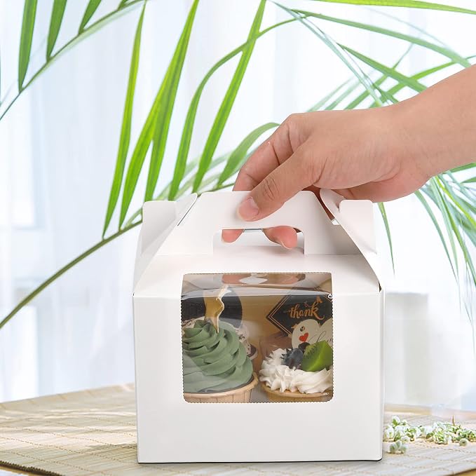Jucoan 40 Pack Cupcake Containers, 4 Count White Kraft Paper Cupcake Boxes with Insert Window and Handle, Cupcake Holder Bakery Pastry Boxes, Gable Party Favor Treat Boxes for Wedding Mother's Day