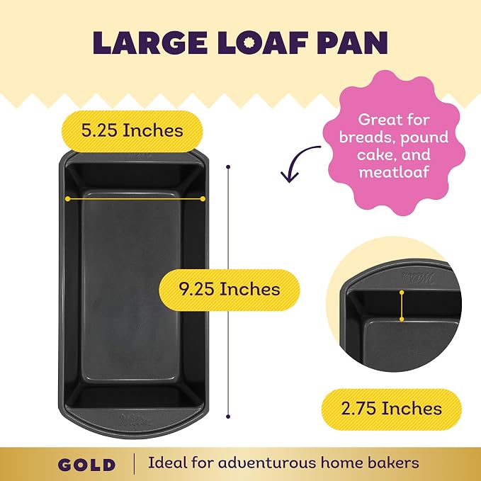 Wilton Gold Non-Stick Bakeware Large Loaf Pan - Baking Pan for Breads, Pound Cake & More - Even Heat Distribution & Extended Handles - Made Without PFAS - 9.25 x 5.25 x 2.75 Inch