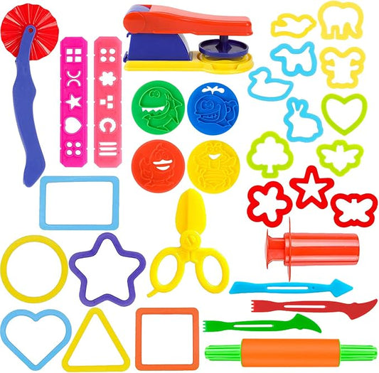 32-Piece Dough Tool Set for Kids – Dough Play Tools with Molds, Rollers, Extruder, Cutters & Scissors –Clay Tools for Creative Play (Random Colors)