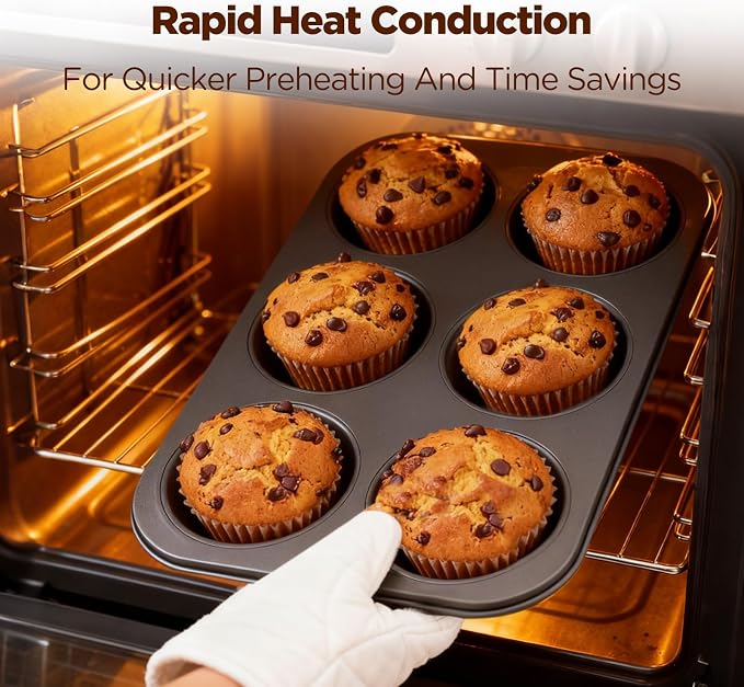 2 Pack Jumbo Muffin Pan, Texas Size Nonstick Cupcake Pan, 6-Cup Giant Muffin Tin, Carbon Steel Baking Pan for Muffins, Cupcakes, Brownies, Easy Clean & Heavy Duty(JP-01)