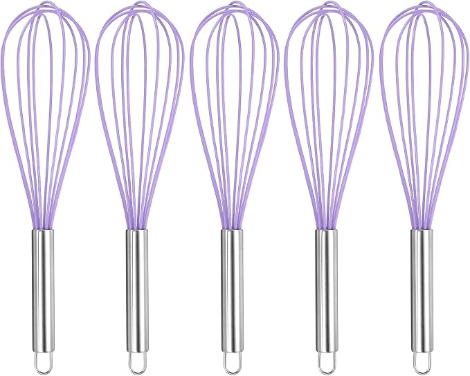 HARFINGTON 5Pcs Silicone Whisk 12" Kitchen Whisk Wire Whisks Beater with Stainless Steel Handle for Egg Milk Whisking Blending Beating & Stirring, Purple
