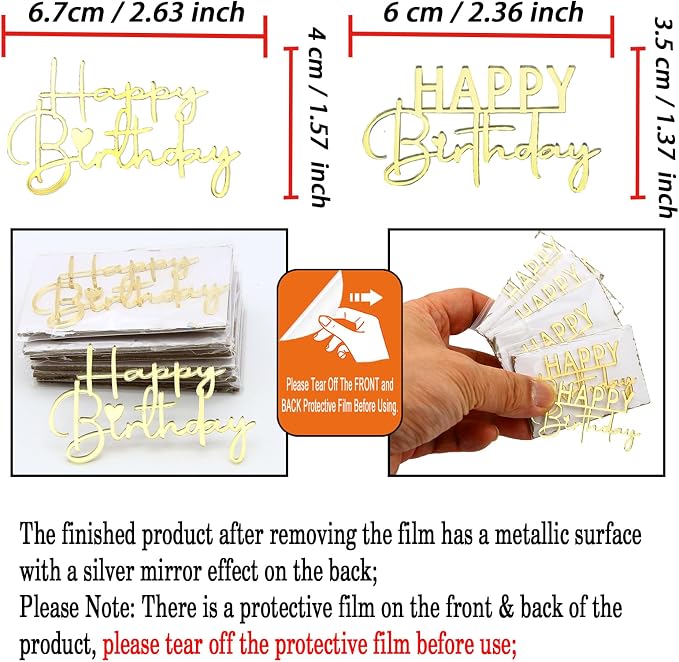 Happy Birthday Cake Topper, Gold Mirror Acrylic, 12 Pieces, Cupcake Party Decorations