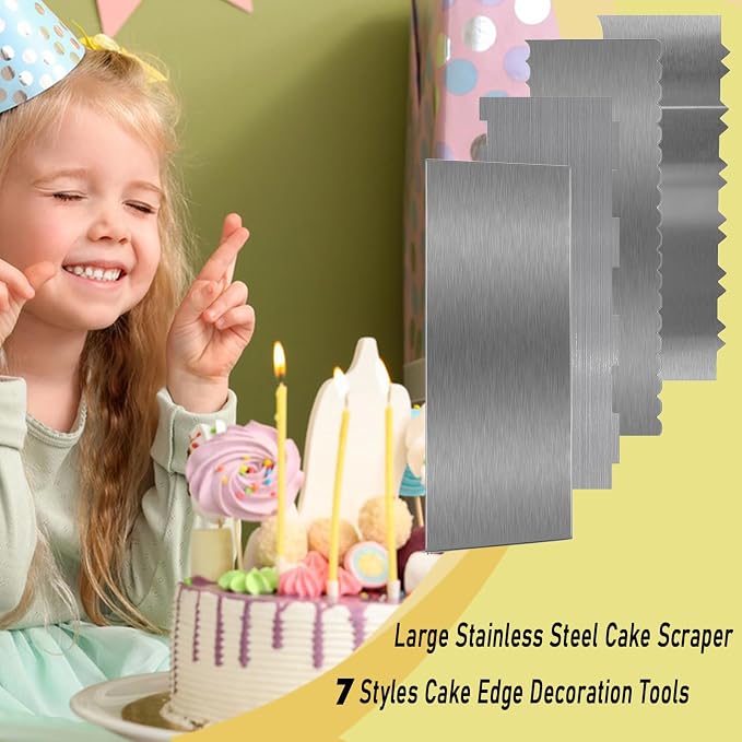 Stainless Steel Cake Scraper, 9 Inch Large Cake Smoother Scraper Contour Double Sided Patterned Edge Stripe Tool Pastry Cutter in 6 Patterns for Different Shapes of Comb Cake Edges (4 Pieces, 9 Inchs)