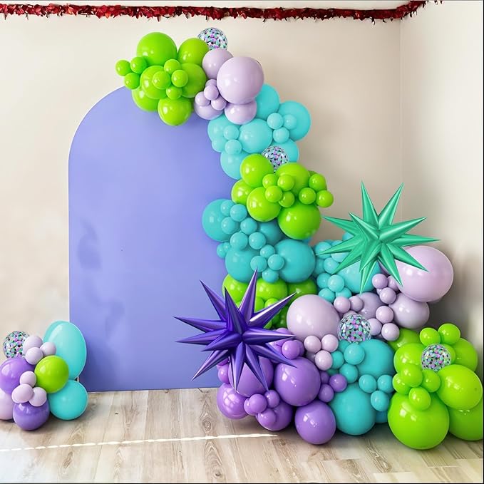 Green Purple Teal Balloon Arch Kit, Fruit Green Purple Teal Blue Confetti Birthday Balloons with Star Foil Balloons for Boy Girl Birthday Party Decorations Baby Shower Graduation Backdrop
