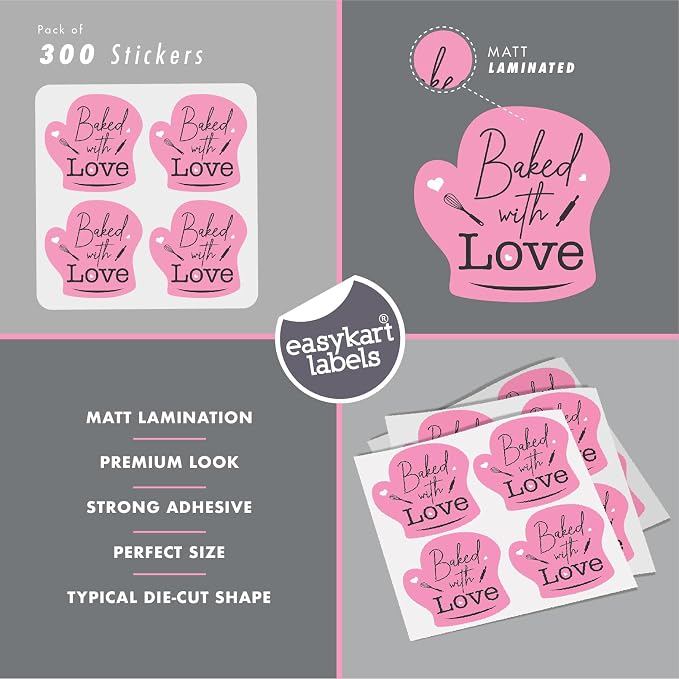 easykart labels 300 Baked with Love Stickers in Sheets, Pink Color in Hand Gloves Die Cut Design | 2" x 2" Inch Size Highly Recommended for All Bakeries and Baked Products ..