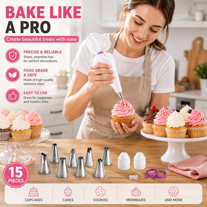 15 Pcs Piping Bags And Tips Set,12'' & 14'' Reusable Cotton Piping Bags,Easy to Clean,for Home Bakers & Chefs