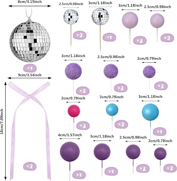 32 PCS Disco Purple Pink Blue Ball Cake Topper for Wedding Birthday Baby Shower Party Cake Decoration Supplies