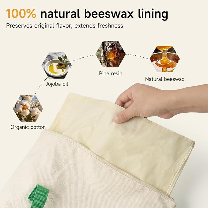Beeswax Bread Bag 14"x17" Sourdough Bread Storage, Reusable Linen Bags with Wide Zipper & Double-Sided Print, Freezer Safe for Homemade Artisan Loaves