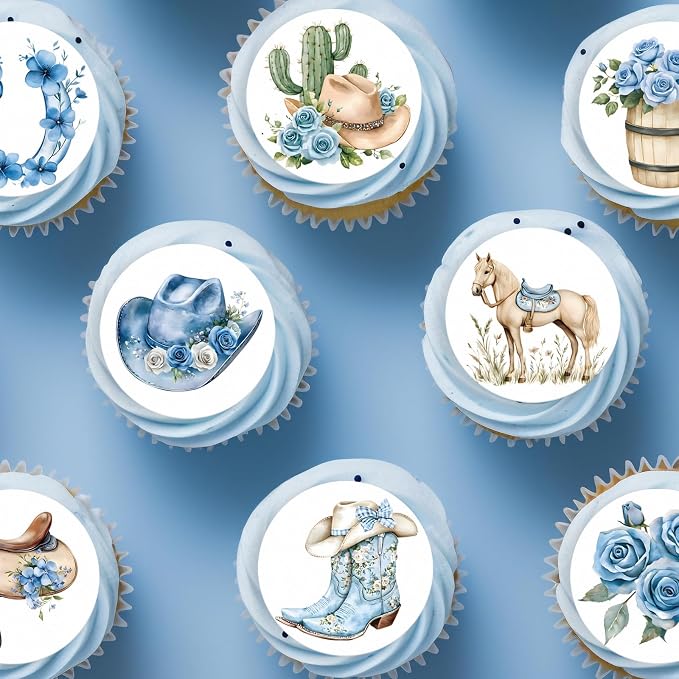 36PCS Edible Floral Horse Cupcake Toppers Wafer Paper Blue Pop-up Derby Horse Cowboy Cake Picks Edible Rodeo Western Boots Cupcake Toppers for Jockeys Equestrian Theme Supplies