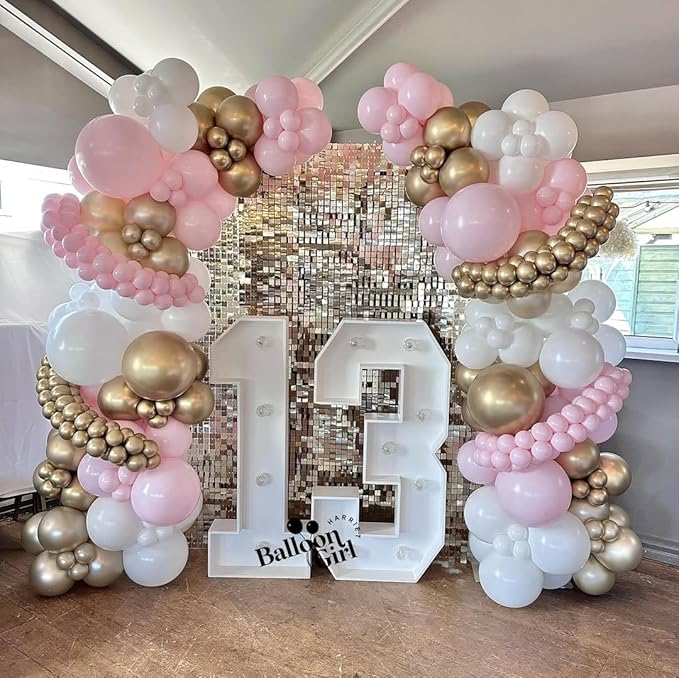 Pink and White Gold Balloon Arch Garland Kit 153pcs with Star, 22 18 12 10 5in Different Size Pink white Metallic Gold Confetti Balloons for Birthday Baby Shower Wedding Party Decorations