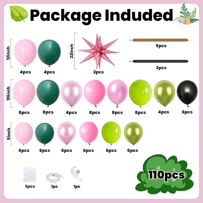 FunHot Pink Green Balloon Arch Garland Kit with Pearl Light Pink Dark Metallic Green Black Balloons Explosion Star Foil Balloon 260 Long Balloons for Baby Shower Witch Theme Birthday Party Decoration