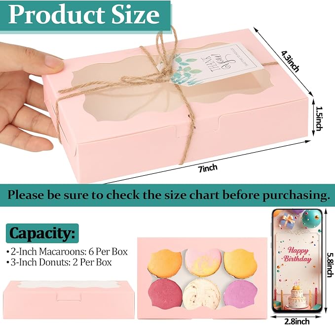 40 Pack Cookie Boxes with Clear Window, 7 x 4 3/8 x 1½ Inch Small Pink Kraft Candy Boxes Premium Pastry Boxes with Tags Ropes for Cookie Packaging, Dessert, Donuts, Pie, Cupcakes, Parties
