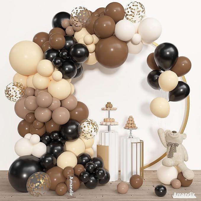 Amandir 153pcs Black Brown Balloon Garland Arch Kit, Different Sizes 18 12 10 5 inch Nude Sand White Latex Metallic Confetti Balloons for Western Country First Rodeo Farm Birthday Party Decorations