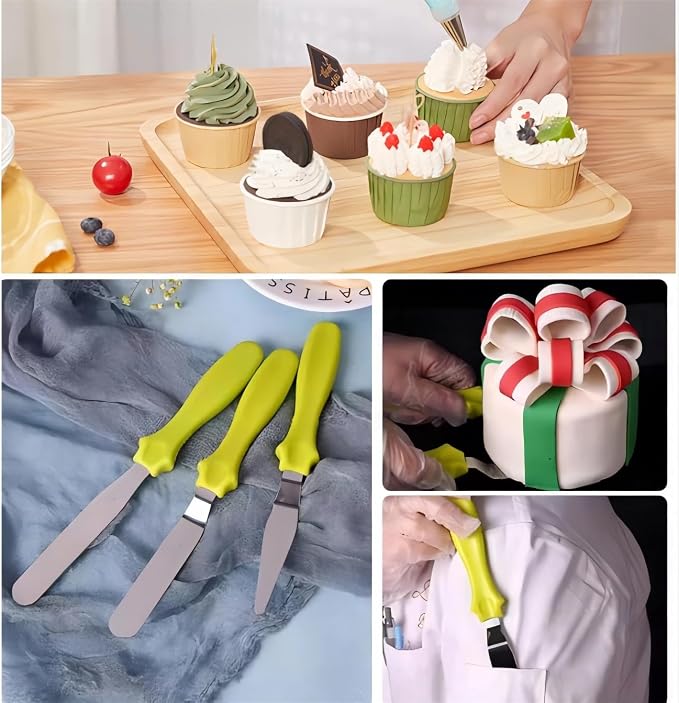 Cake Cream Spatulas, 3 Pieces of Cake Angled Spatula with Stainless Steel, Professional Cake Decorating, Pastry & Baking, Icing Frosting Cream Chocolate Cake Spatula (3 Pcs Green)