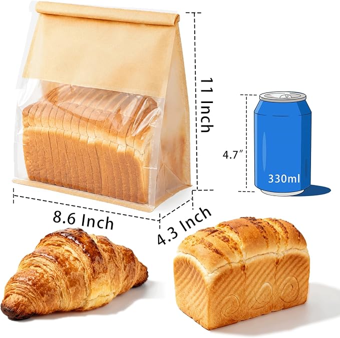 50 Pcs 8.6 Inch Bread Bags with Tin Tie, Large Loaf Bags Made Of Brown Cotton Paper, Storage Packing Bag with Clear Window for Bakery, Cafe, Homemade Bread