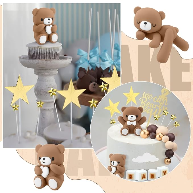 Yinder Bear Cake Toppers Mini Bear Cake Decorations Cake Toppers Gold White Pearl Ball for Birthday Party Decorations(Dark Brown,Cute Style)