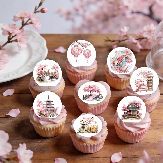 36PCS Edible Cherry Blossoms Cupcake Toppers Japanese Edible Cherry Flowers Bouquet Cake Picks Wafer Paper Cherry Cupcake Decors for Cherry Theme Party Cake Supplies (Cherry Blossoms Scene)