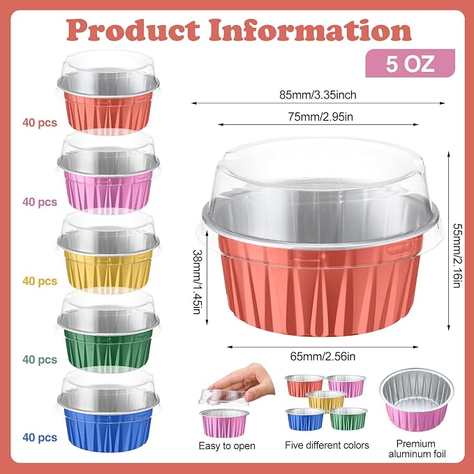 200 Pack Aluminum Foil Cupcake Liners with Lids, 5 oz Round Baking Cup, Disposable Ramekin Container for Graduation Wedding Independence Day Party(Multicolor,Plain)