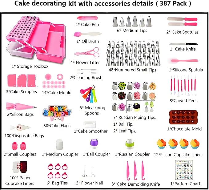 Cake Decorating Kit, 387 Pcs Baking Supplies (Pink) | 56 Icing Tips, 8 Russian+Ball Tips, 3 Spatulas, 5 Couplers, 8 Carved Pens, 102 Pastry Bags, Storage Box & More