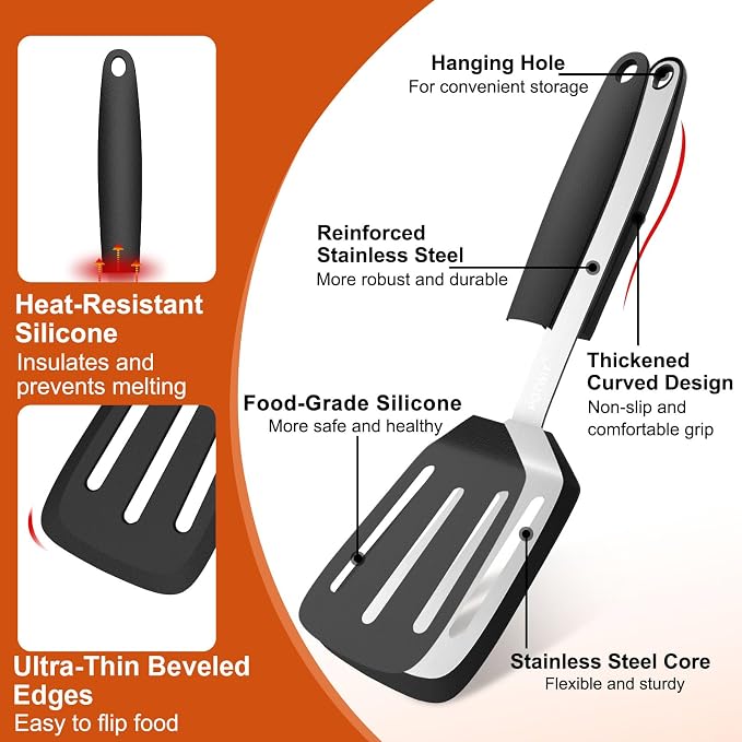 Silicone Slotted Spatula, 13 x 3.2 In, 600°F Heat Resistant (Black) | Flexible Turner, BPA Free, Non Scratch for Non Stick Frying Pan, Kitchen Cooking, Flipping, Dishwasher Safe