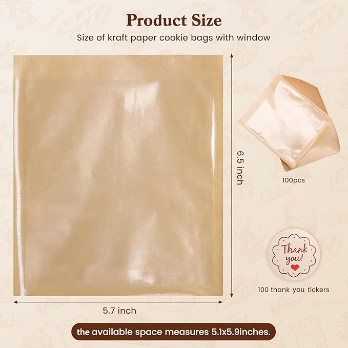 HONKID 100 Pack Cookie Packaging Bags With Seal Stickers, 5.7x6.5 Inch Food-Grade Bakery Bags With Window, Heat Sealable Paper Cookie Sleeves for Homemade, Cookies, Cakes, Brown, Donut