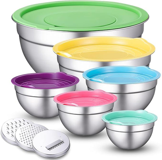 Stainless Steel Mixing Bowls with Lids Set, 6 Nesting Kitchen Bowls 0.7-4 QT, Metal Mixing Bowls with 3 Grater Attachments, Dishwasher Safe for Prep, Mixing, Serving & Storage