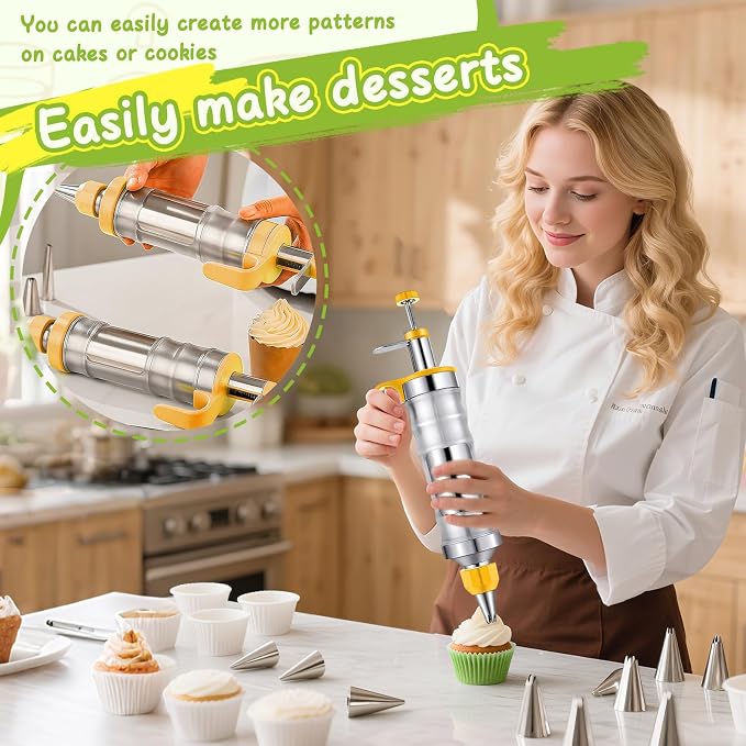 NOVANO Dessert Decorating Syringe Set, Yellow | Frosting Piping Kit, Stainless Steel, 54 Piping Tips, 9 Silicone Cupcakes