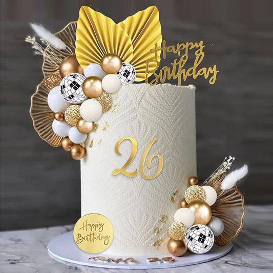 36Pcs White Gold Balls Cake Topper Decorations with Disco Balls Palm Ginkgo Leaves Acrylic Numbers 0-9 and Happy Birthday Cake Toppers for White Gold Theme Wedding Baby Shower Birthday Party Supplies