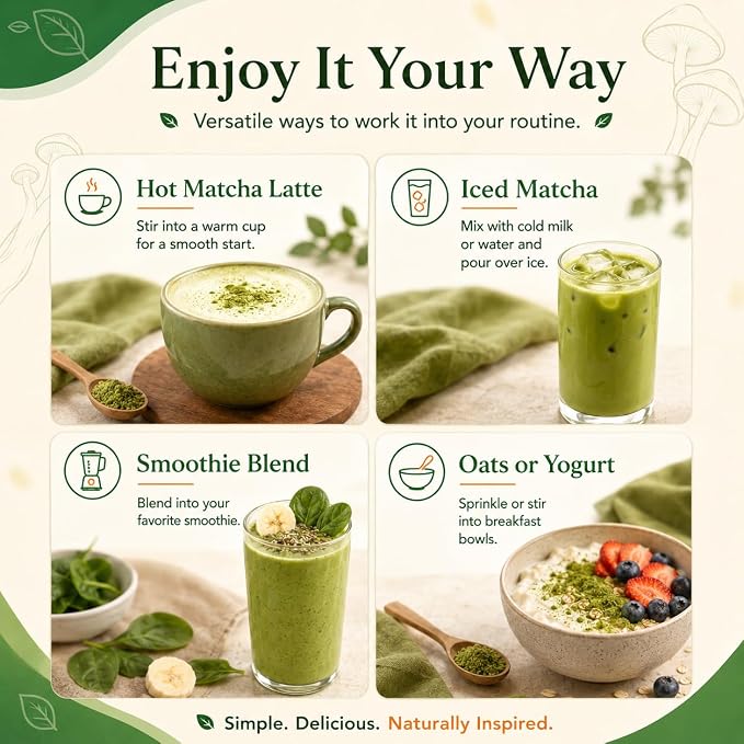 Suiyilary 10 Mushroom Matcha Powder with Lion's Mane, Reishi, Mushroom Polysaccharides & More, Japanese Ceremonial Matcha for Focus, Energy, Immunity Boost, Memory - 30 Serving