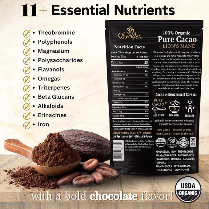 OhmYes Lion's Mane Mushroom Cacao | Premium Pure Raw Organic Cacao Powder | Natural Chocolate Powder Drink Mix | Sugar-Free Flavanol Rich Superfood | Unsweetened | 33 Servings