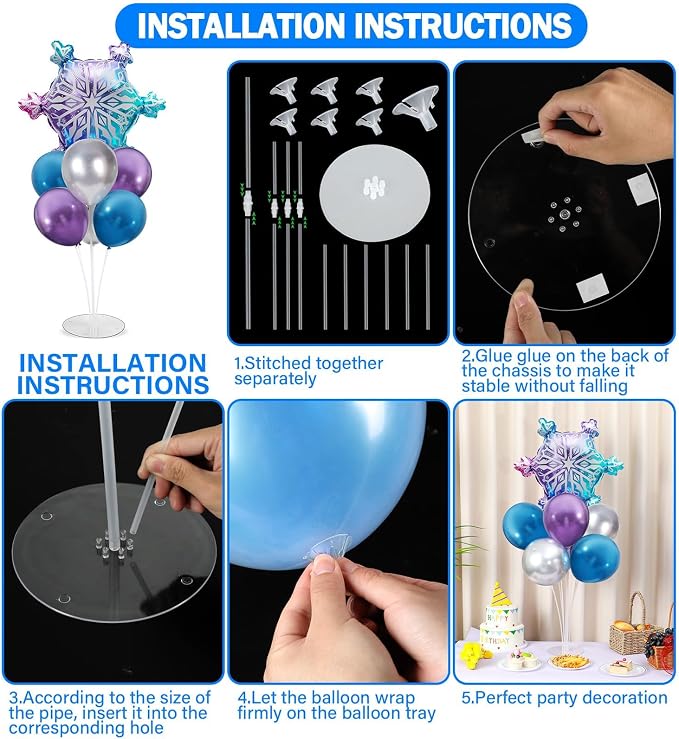 4 Sets Snow Party Balloons Stand Kit with Snowflake Foil Balloons Purple Blue Silver Party Balloon Centerpiece for Tables for Girl Princess Winter Wonderland Themed Birthday Baby Shower Decorations
