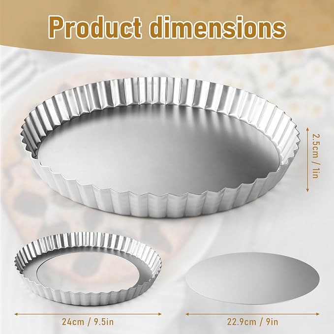 2 Pack 9 Inch Tart Pan with Removable Bottom Non-Stick Carbon Steel Quiche Pan for Oven Baking Molds for Pies Quiches Fruit Tart Cake with Fluted Edges, Silver (1 Inch Deep)