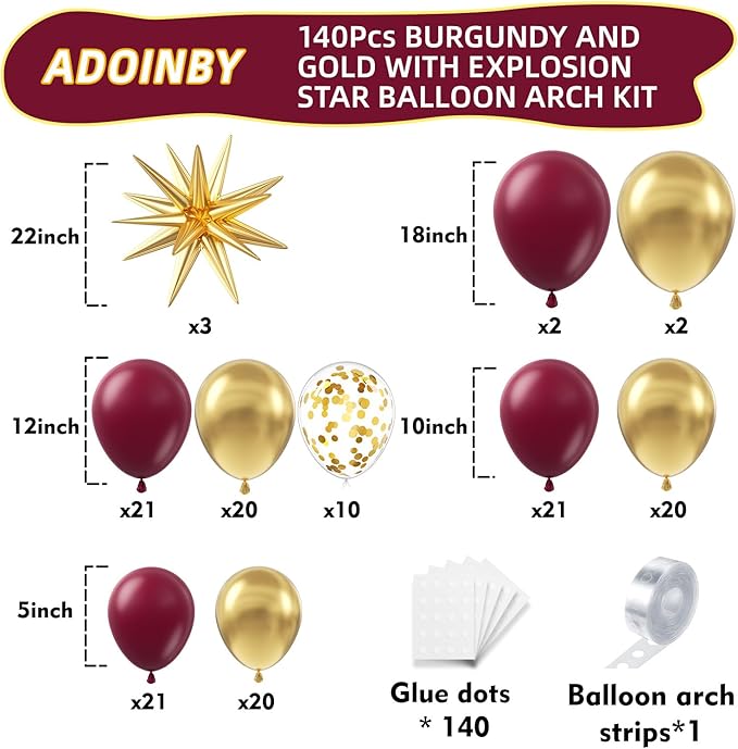 Burgundy Balloon Arch Kit, 140Pcs Burgundy Maroon Gold with Stars Balloon Garland kit, Different Size Balloons for Valentines Day Birthday Anniversary Bridal Shower Wedding Party Decorations