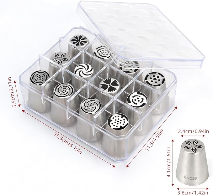 12 Pcs Large Russian Piping Tips Set with Storage Case, 304 Stainless Steel Icing Nozzles, Cake Decorating Tools for Cupcake, Cookie, Dessert Baking