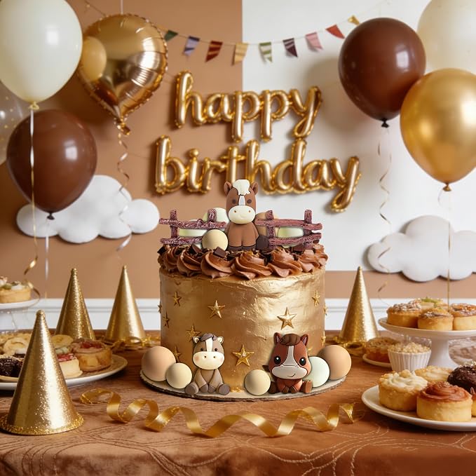 Horse Cake Topper, Cowboy Theme Cake Decorations with Fence and Ball (brown)