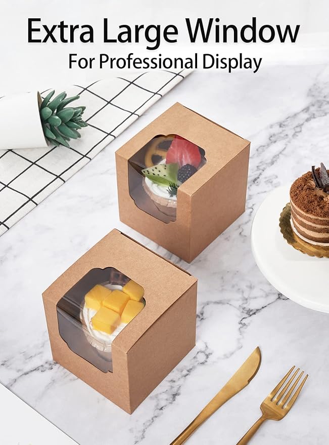 Happyhiram Cupcake Boxes 100 Pcs Bulk Brown Kraft IndividualBox, Single Containers Paper Holders with Inserts and Window for Muffins Cocoa Bombs Packaging Togo Boxes for Birthdays Showers Party Favor