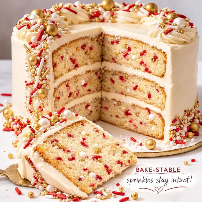 Confect Red, White & GRed White Gold Sprinkle Mix – Bake Stable Non Bleeding Edible Pearls & Metallic Dragees for Cake Decorating, Cupcakes, Cookies & Desserts (4.2 oz)