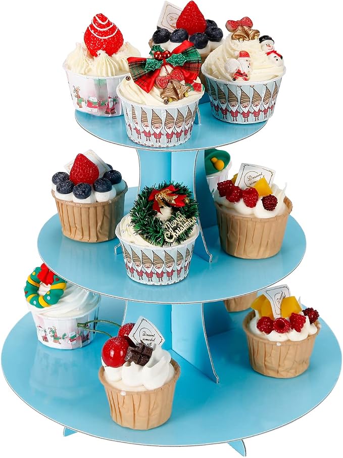 YLDW Cupcake Stand, 3-Tier Cupcake Stand Display, Cardboard Cup Cake Tower Stand, Disposable Dessert Stand for Birthday Tea Party Baby Shower Treat Decorations, Baby Blue