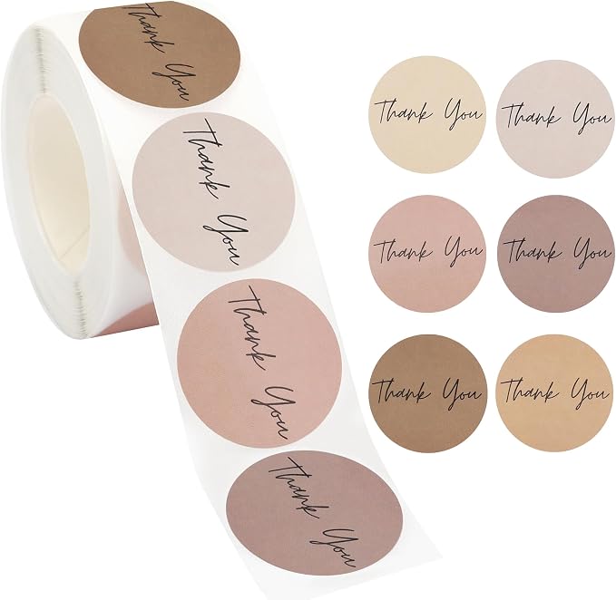 1000Pcs Thank You Stickers Label Roll 6 Colors Small Business Sticker Seal Sticker for Packaging Paper Circle Round Tags for Box Gifts Sealing Label for Bottle Canning Wraps (Brown)