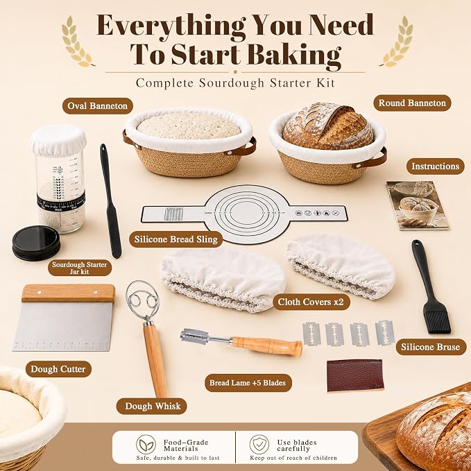 Sourdough Starter Kit with Round & Oval Banneton, Sourdough Bread Baking Supplies, Bread Proofing Basket Set with Glass Starter Jar, Sour Dough Bread Making Tools Kit for Women Mom Wife Beginners